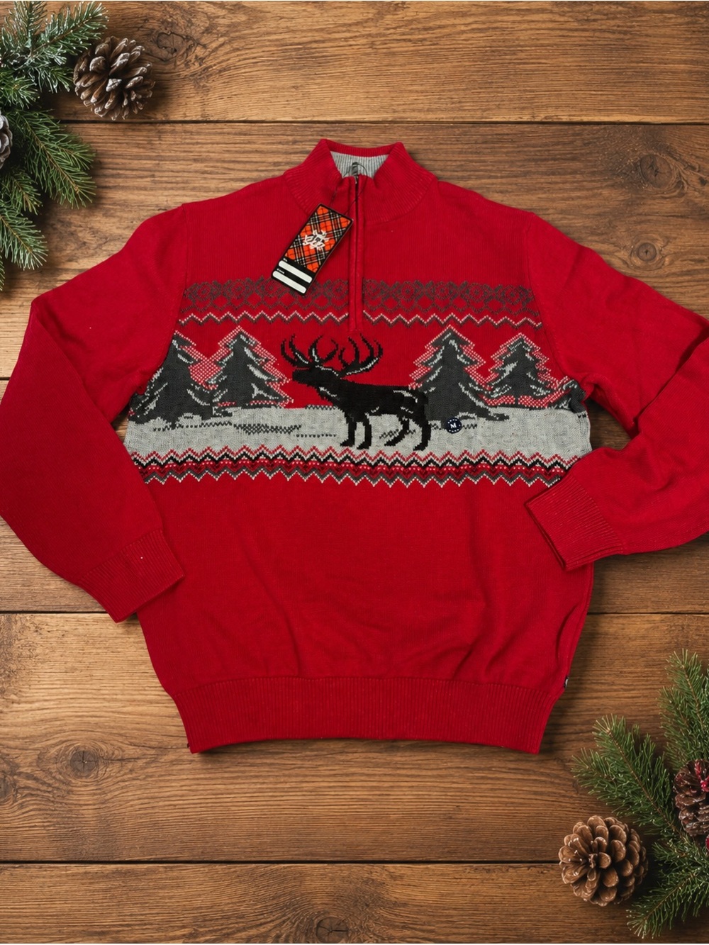 Chaps 100% Cotyon Men's Red Zip-Up Holiday Sweater with Moose Motif